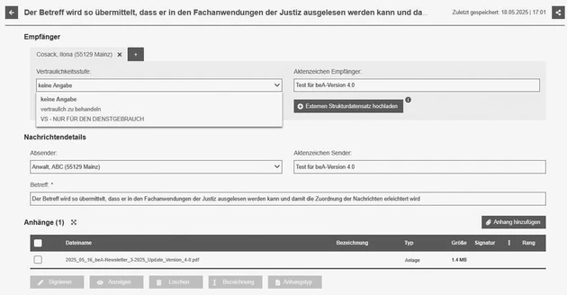 Nachrichtendetails_Vertraulichkeitsstufe_und_Betreff_beA_Version_4-0_sw_300dpi.jpg (Bild: Ilona Cosack, ABC AnwaltsBeratung Cosack, Mainz)
